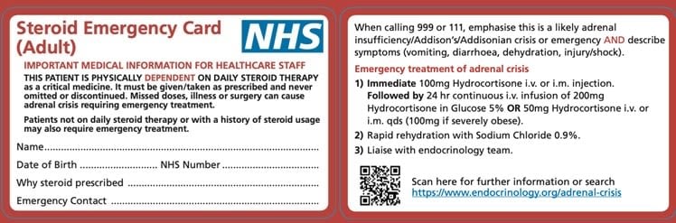 Red and white steroid card with blue NHS logo in top left corner. 