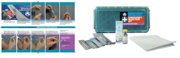 Photo of contents of ADSHG emergency kit - box, leaflet, vials, needles