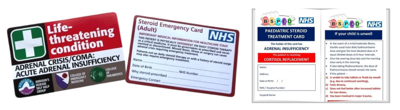 ADSHG wallet cards, NHS steroid card and BSPED steroid card images
