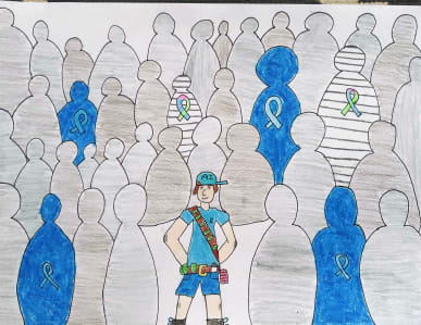 Adam's drawing of AI Warrior in a crowd of people and only 4 of them are coloured blue to show they have Addison's